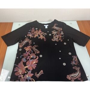 Liz & Me Blouse/Top 14 16W Short Sleeve Women's Paisley Floral Black
